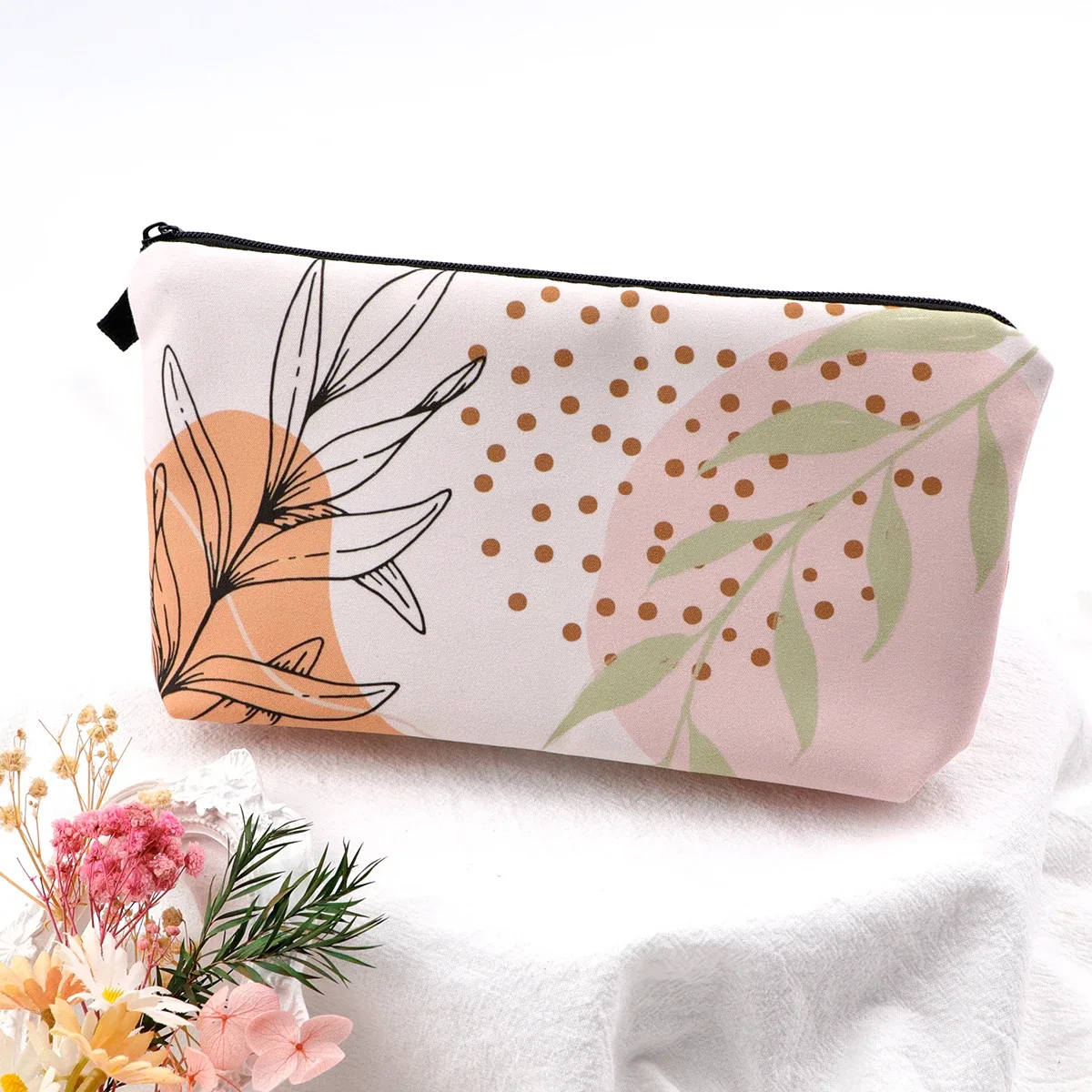 sac de maquillage à fermeture éclair série fleur pour femmes, pochette de rangement de voyage portable, sac de rouge à lèvres de voyage, trousse de maquillage, sacs pour pinceaux cosmétiques