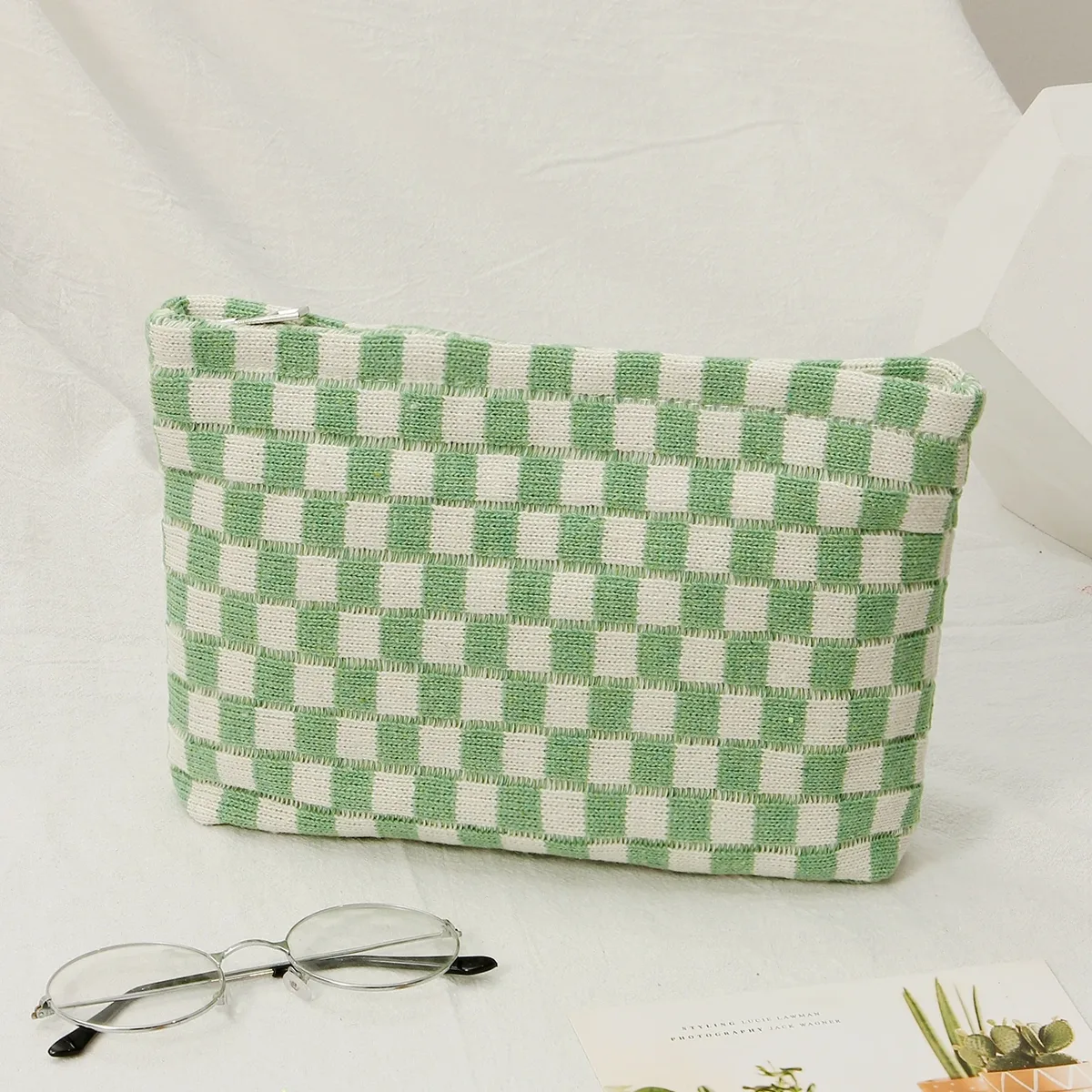 sac à cosmétiques en damier, sac de rangement de toilette tricoté, pochette de maquillage colorée, organisateur, sac à cosmétiques à motif à carreaux