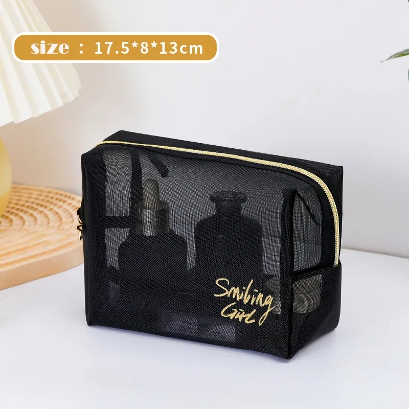 trousse à cosmétiques en maille noire transparente pour femme, trousse de maquillage, petite et grande trousse de toilette, étui de voyage pour pinceaux, 1pc