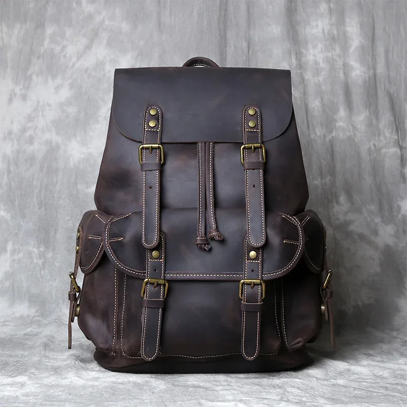 sac à dos rétro en cuir de cheval fou pour hommes, avec couche supérieure en cuir de vache, sac d'école de grande capacité, sac d'ordinateur portable, nzpj
