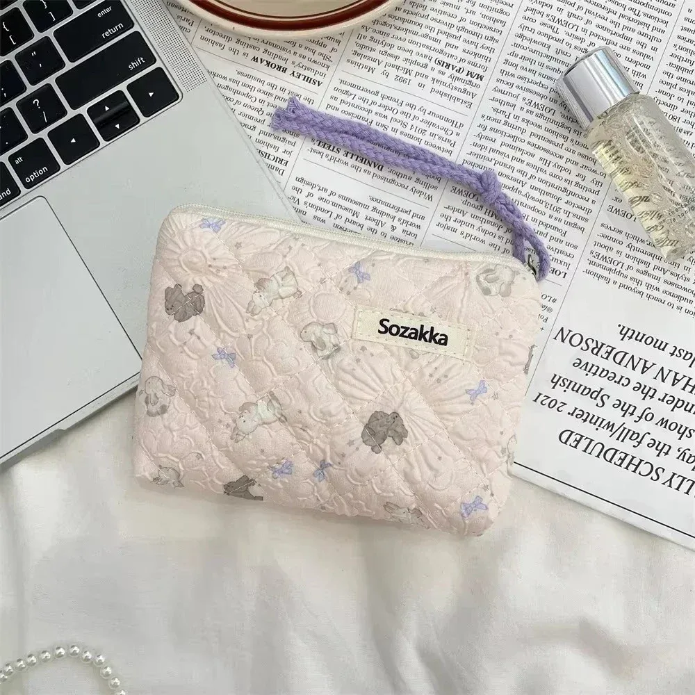 sac de maquillage imprimé en toile pour femmes, mignon, portable, style coréen, petits sacs à cosmétiques, étui de rangement de voyage, trousse de toilette