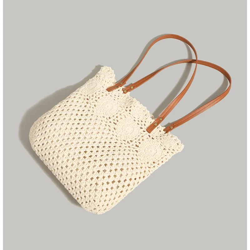 sac fourre-tout en coton au crochet pour femme, sac à bandoulière ajouré tricoté, sac à main tissé décontracté d'été pour la plage avec poignée en cuir pu