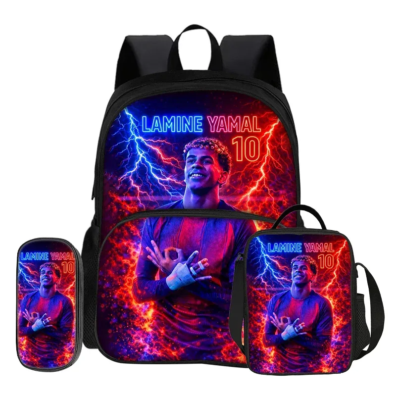 Ensemble de 3 pièces avec sac à dos à poche avant Football Star, sac à déjeuner isotherme, trousse à crayons, sac à dos L-Lamin Yamal