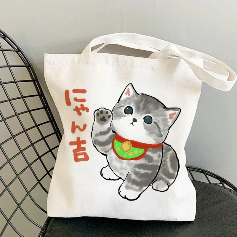 femme sacs à provisions kawaii dessin animé chats amusant sac fourre-tout shopper organisateur décontracté déjeuner sacs à main grande capacité toile sacs à bandoulière