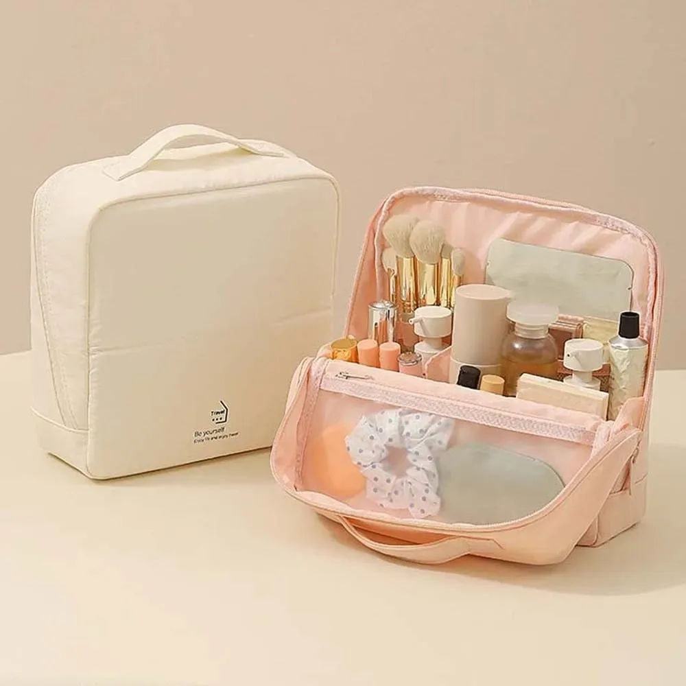 grande trousse de maquillage ouverte à plusieurs compartiments, en tissu imperméable, pochette cosmétique de couleur unie avec fermeture éclair lisse