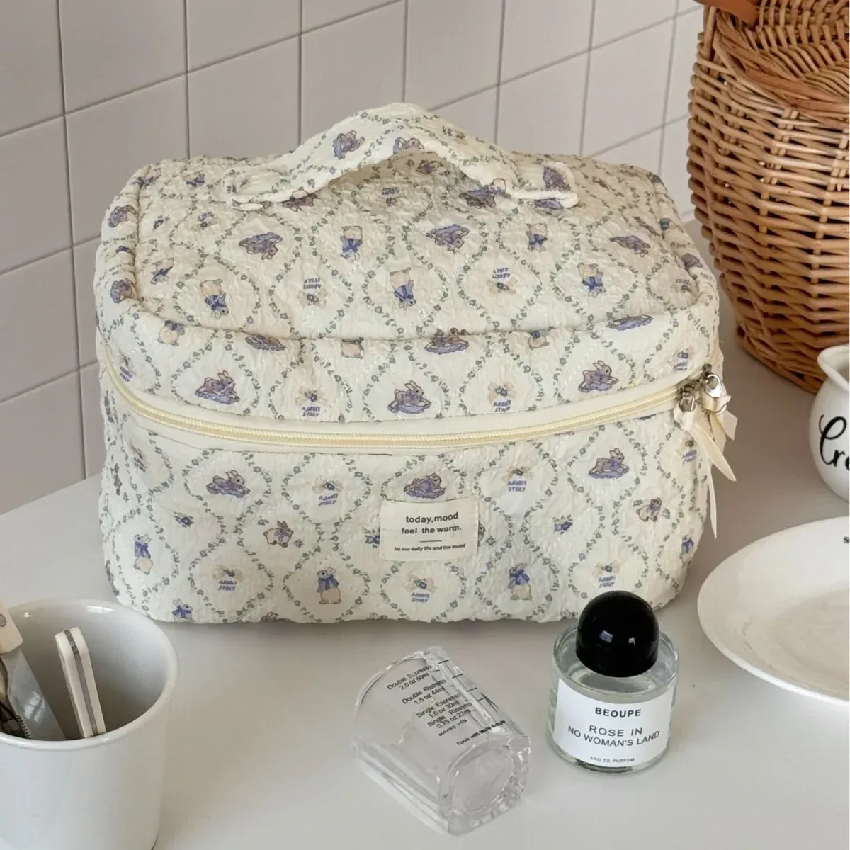 trousse de maquillage en coton matelassé pour femme, imprimé dessin animé mignon, grands sacs à main de rangement cosmétiques pour femme, pochette en poudre douce pour femme, sac à main