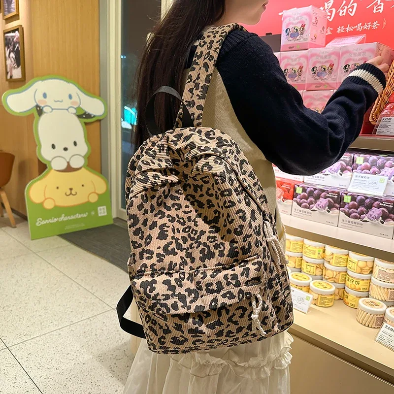 sac à dos à motif imprimé léopard en velours côtelé pour adolescents, sac d'école grande capacité, sac à dos décontracté pour ordinateur portable, sac de voyage, sac à dos pour livres