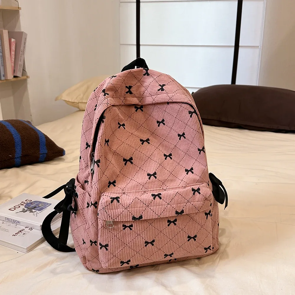 sac à dos à nœud en velours côtelé pour étudiantes, sac à dos polyvalent pour lycéennes et collégiennes
