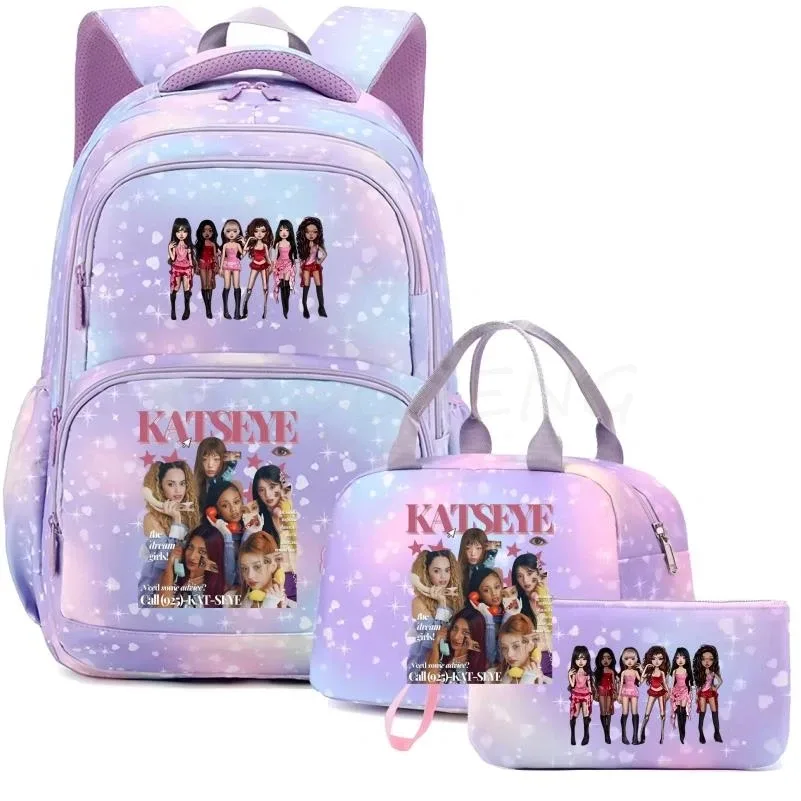 sac à dos katseye pour femmes, 3 pièces/ensemble, sac d'école pour étudiants, grande capacité, sac de voyage en plein air, sac d'école pour étudiants avec dessin animé