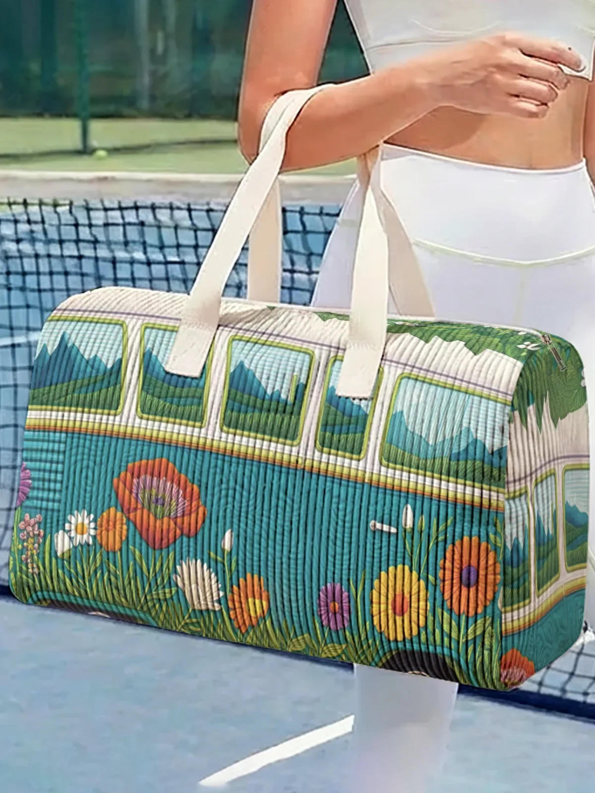 sac de voyage imprimé de bus floral rétro, deux styles, sac à main portable adapté aux voyages de week-end, aux sports et aux courses, 1 pièce