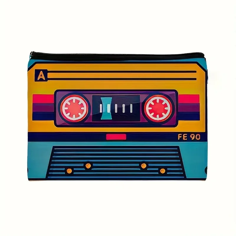 fermeture à glissière de sac cosmétique de bande de cassette rétro en polyester léger, conception nostalgique pliable des années 80/90 pour le sac de voyage des femmes