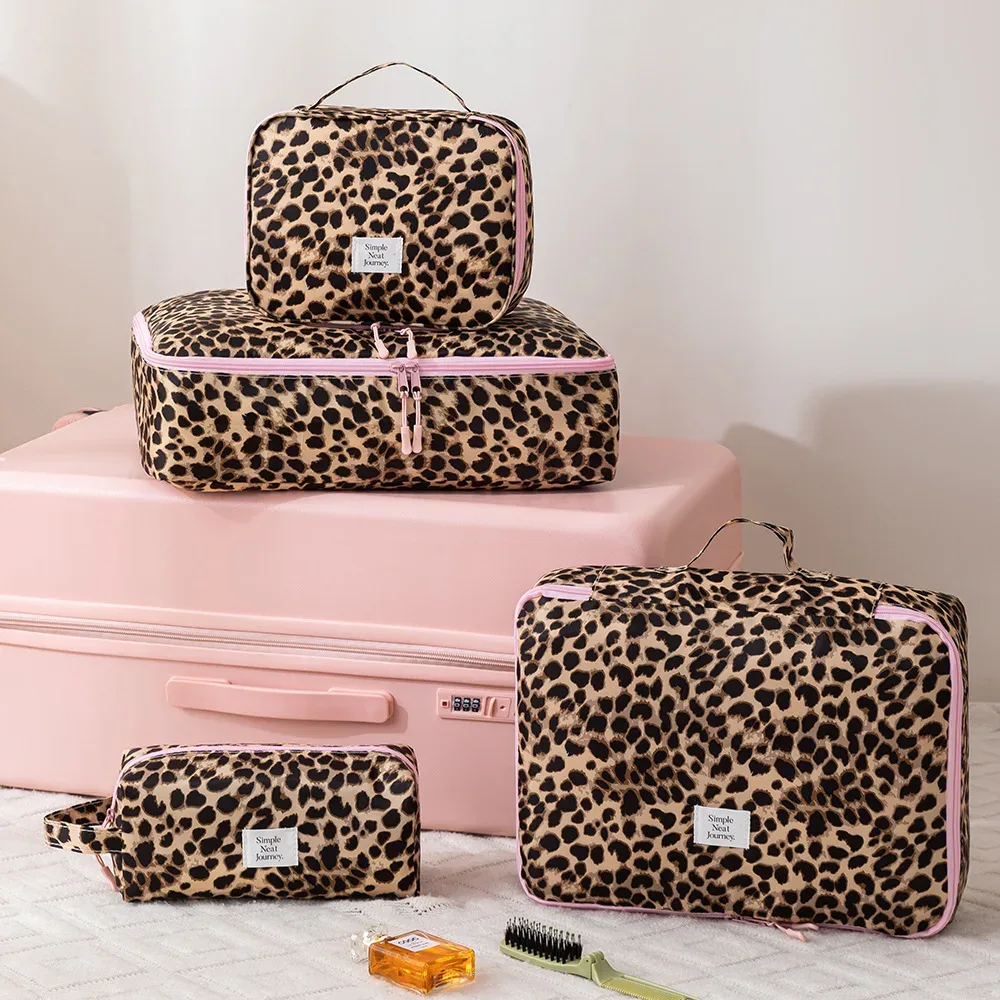 trousse de maquillage léopard, organiseur de voyage pour vêtements et articles de toilette, grande capacité, étanche, portable pour femmes, voyages d'affaires, bagages