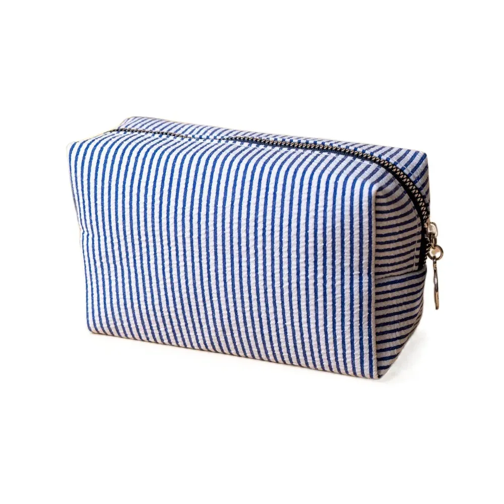 sac de maquillage rayé mignon, fermeture à glissière, pochette de toilette en tissu seersucker souple, trousse à crayons polyvalente de grande capacité, usage quotidien