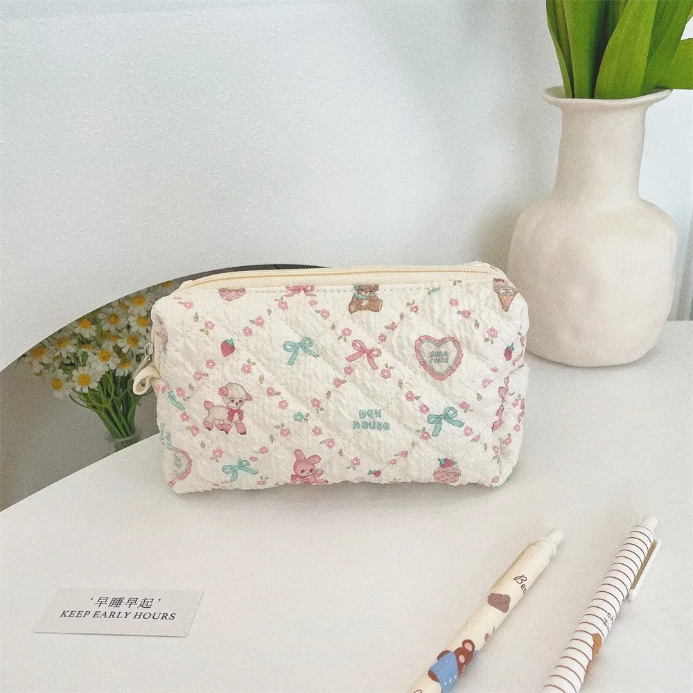 petit sac à cosmétiques pour femme, trousse de maquillage, sacs de rangement portables, pochette en coton pour femme, joli ours de dessin animé, fleur rose