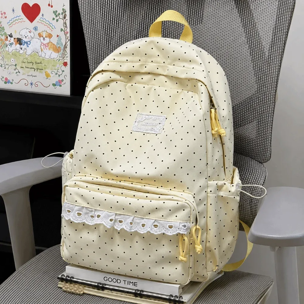 sac à dos de voyage à pois tendance avec dentelle en nylon, cartable d'étudiant multi-poches grande capacité, sac à dos pour ordinateur portable mignon pour femme
