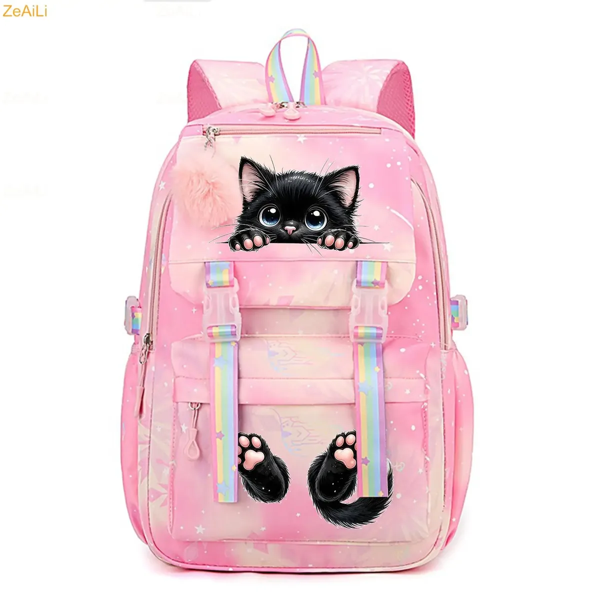 sac à dos pour femme, enfant, adolescent, motif chat noir mignon, fleur et papillon, idéal pour l'école
