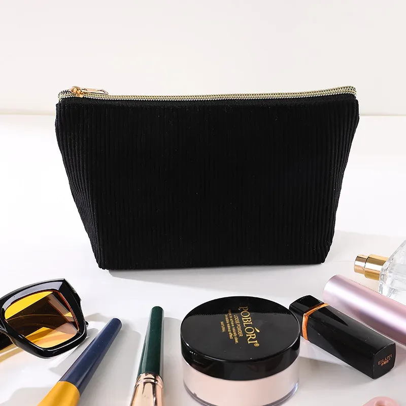 trousse de maquillage en velours côtelé grande capacité avec fermeture éclair