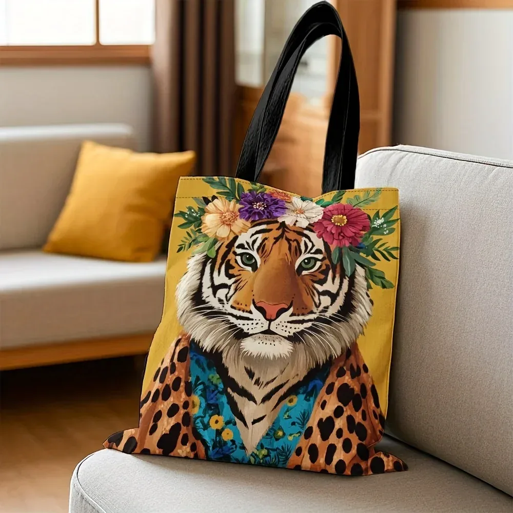 Sac fourre-tout élégant à imprimé tigre et léopard avec motif couronne florale vibrante, idéal pour le shopping, les trajets quotidiens et les cadeaux de fêtes
