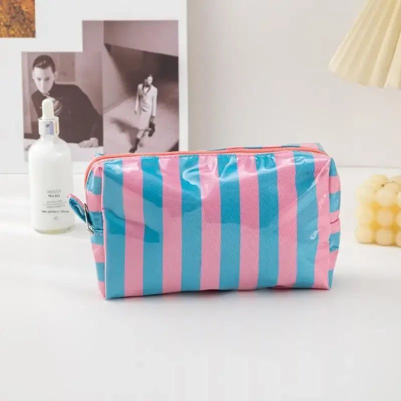 sac à cosmétiques rayé en pvc, trousse de maquillage avec fermeture éclair, trousse de toilette de voyage étanche, étui pour pinceaux de maquillage, 1 pièce