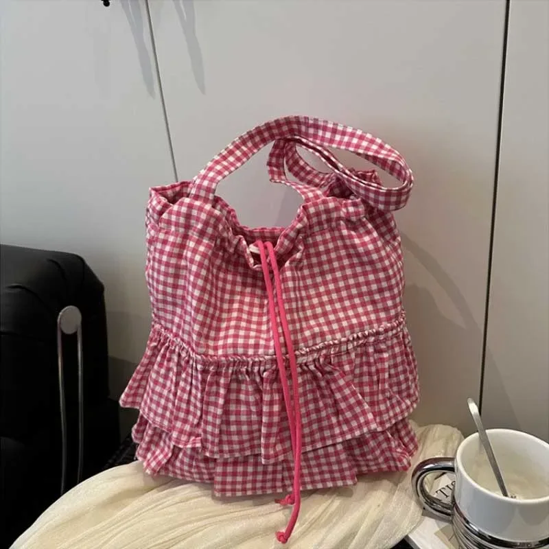 sac fourre-tout pour femme, à volants, à carreaux, avec cordon de serrage, sac à main en toile tendance, grande capacité, sacs coréens, bolsos de mujer