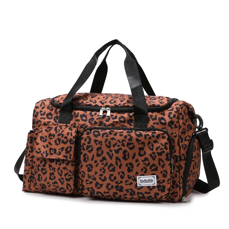 sac à bagages de loisirs de grande capacité imprimé léopard classique, avec plusieurs poches et compartiment à chaussures, sac de voyage de sport et de fitness