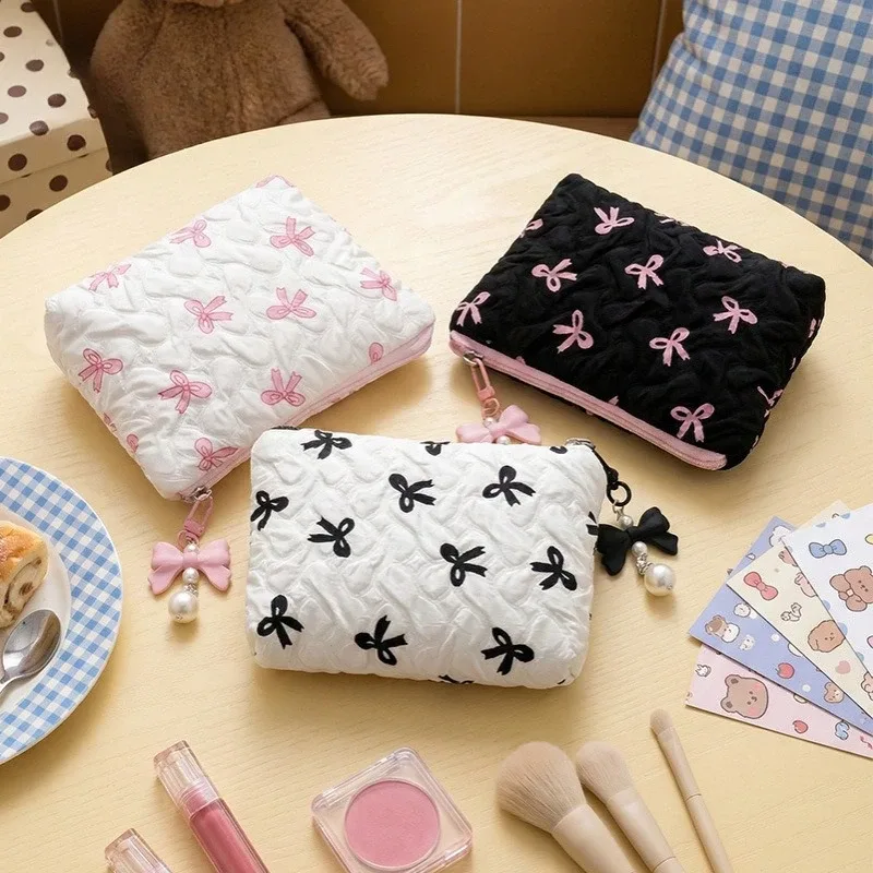 nouvelle trousse de maquillage élégante à nœud, grande capacité, pochette de maquillage à main, trousse de toilette portable pour femmes, organisateur de rangement pour rouges à lèvres