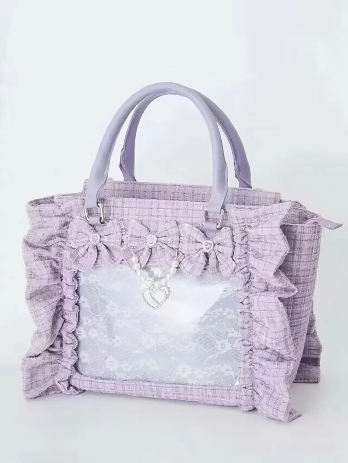 sac à main en dentelle à volants pour femmes et filles, sacoche de style japonais, fourre-tout carré avec nœud papillon en perles, sacs à main portables initiés