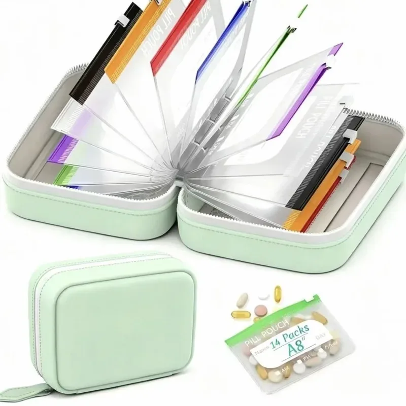 ensemble de sacs de voyage imperméables, 14 pochettes de rangement réutilisables avec fermeture éclair et étui compact, organisateur anti-fuite pour compléments alimentaires quotidiens