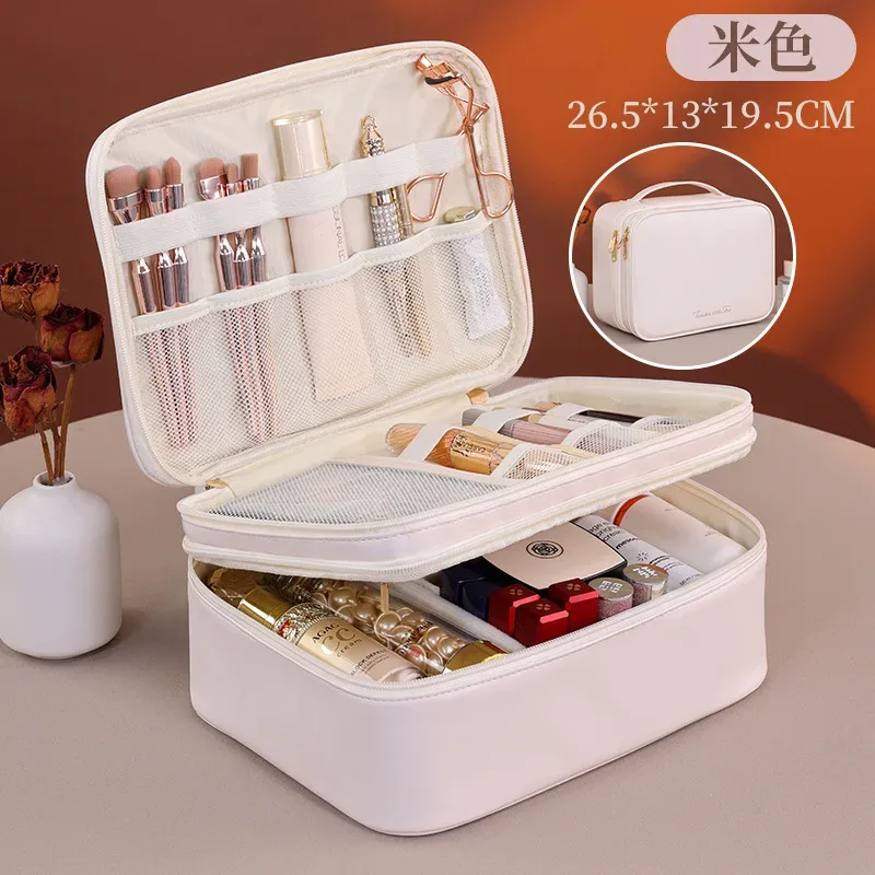 trousse de maquillage double couche en cuir pu, grande capacité, sac de voyage pour cosmétiques, pochette de toilette pour outils de beauté femme