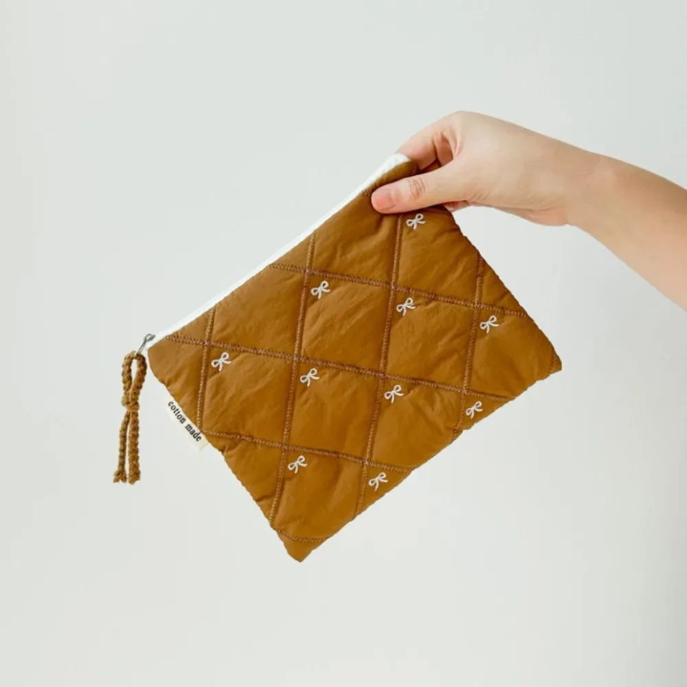 nouvelle trousse de toilette matelassée avec nœud brodé, grande capacité, sac à papeterie multifonctionnel, trousse à stylos
