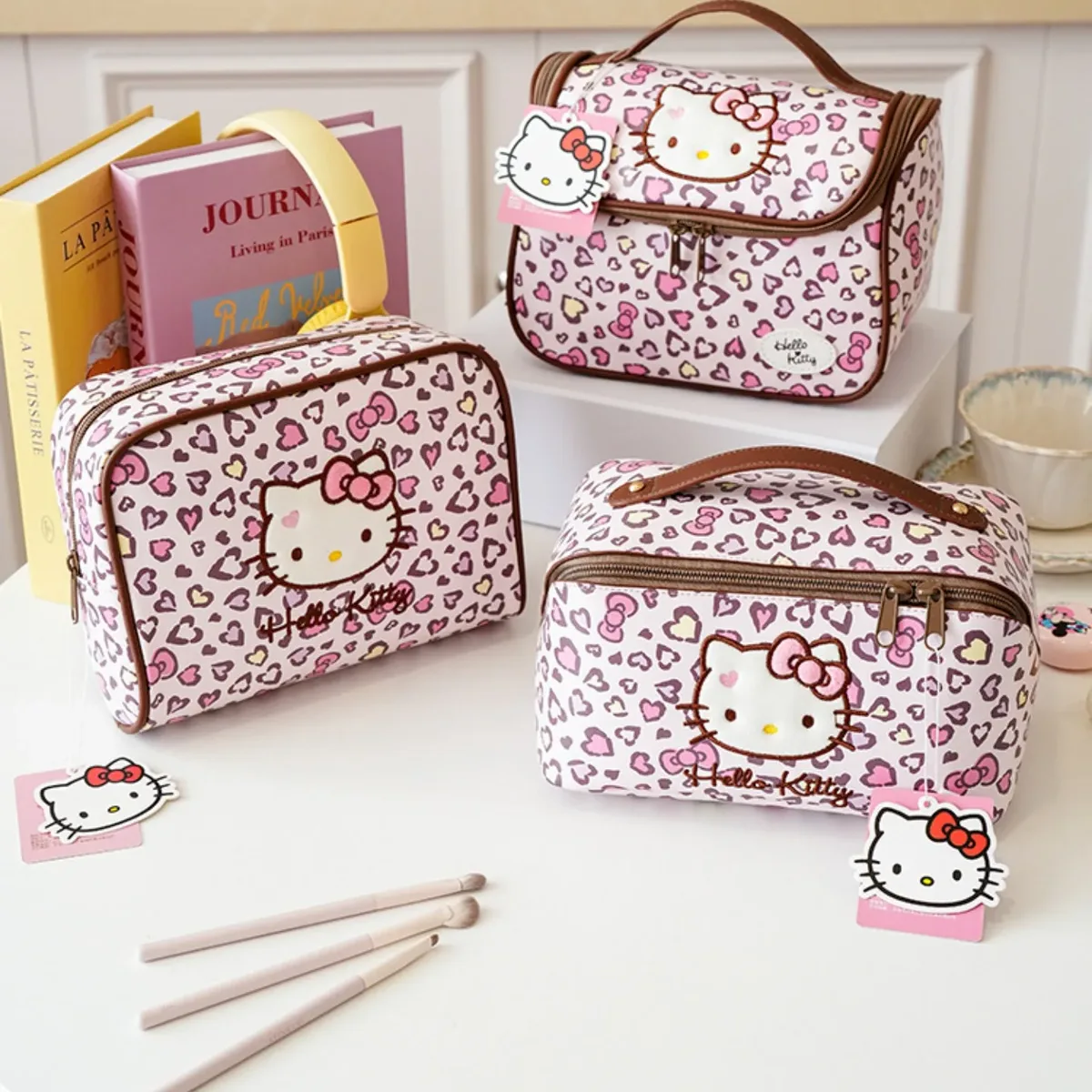 sac de rangement brodé hello kitty à imprimé léopard rose délicat, trousse de toilette de voyage portable mult
