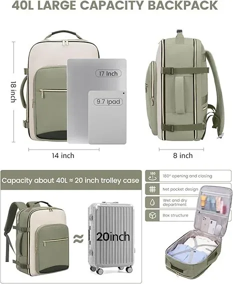 lot de 4 sacs à dos de voyage 40l pour femmes, grand sac à dos cabine pour avions, sac de voyage pour effets personnels, sac de voyage étanche, essentiel de voyage