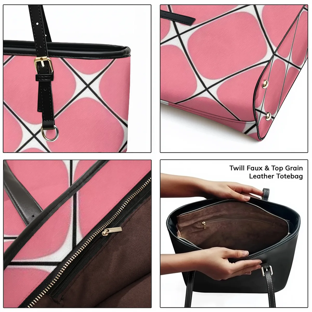 sac à bandoulière en cuir pvc oxford imprimé grille diamant rose, fourre-tout léger à fermeture éclair, usage quotidien, sac à main convertible pour le travail et le week-end