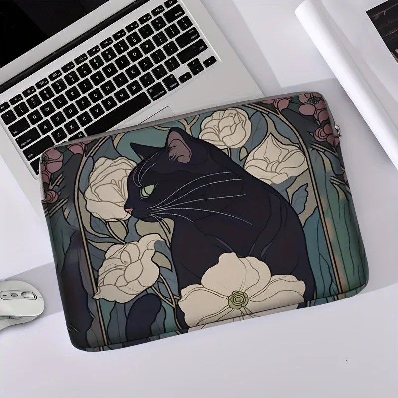 1 pièce, deux styles, sac pour ordinateur portable imprimé motif camélia et chat noir, housse souple en tissu pour ordinateur portable, convient aux ordinateurs portables de 14 pouces
