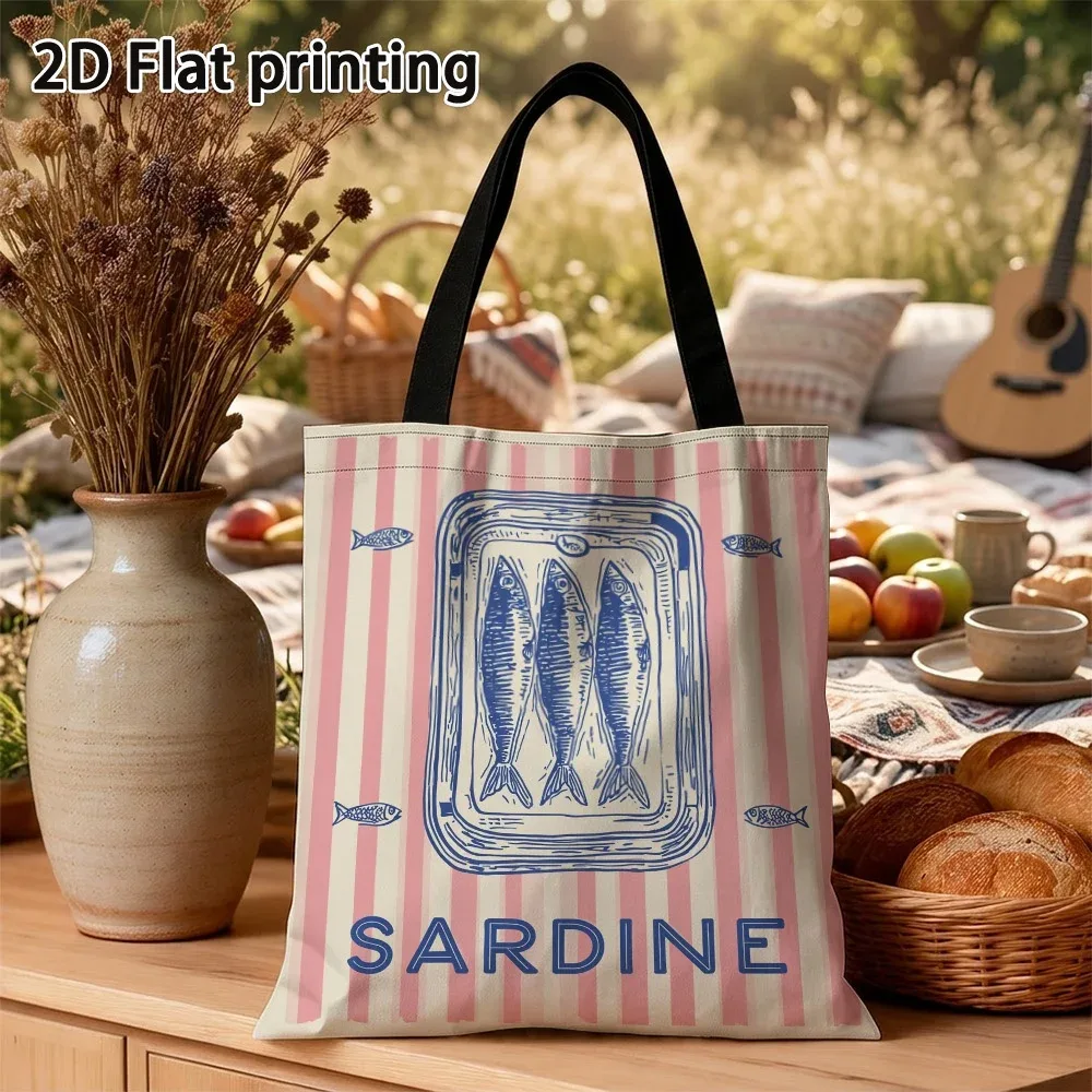 sac fourre-tout au design rétro vibrant motif sardine, sacs d'épicerie légers et réutilisables avec bretelles 