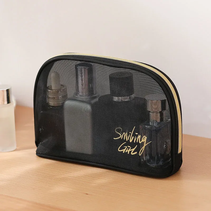 1pc 2025 noir maille sac cosmétique petits grands sacs de maquillage pochette à fermeture éclair pour les bureaux sacs de rangement de voyage sacs de toilette pochette de maquillage