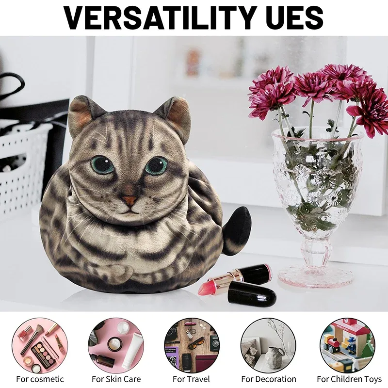 trousse de maquillage chat mignon, fermeture à cordon, conception tête de chat 3d, pochette cosmétique plate, cadeau pour femmes amoureux des chats, sac organisateur de voyage