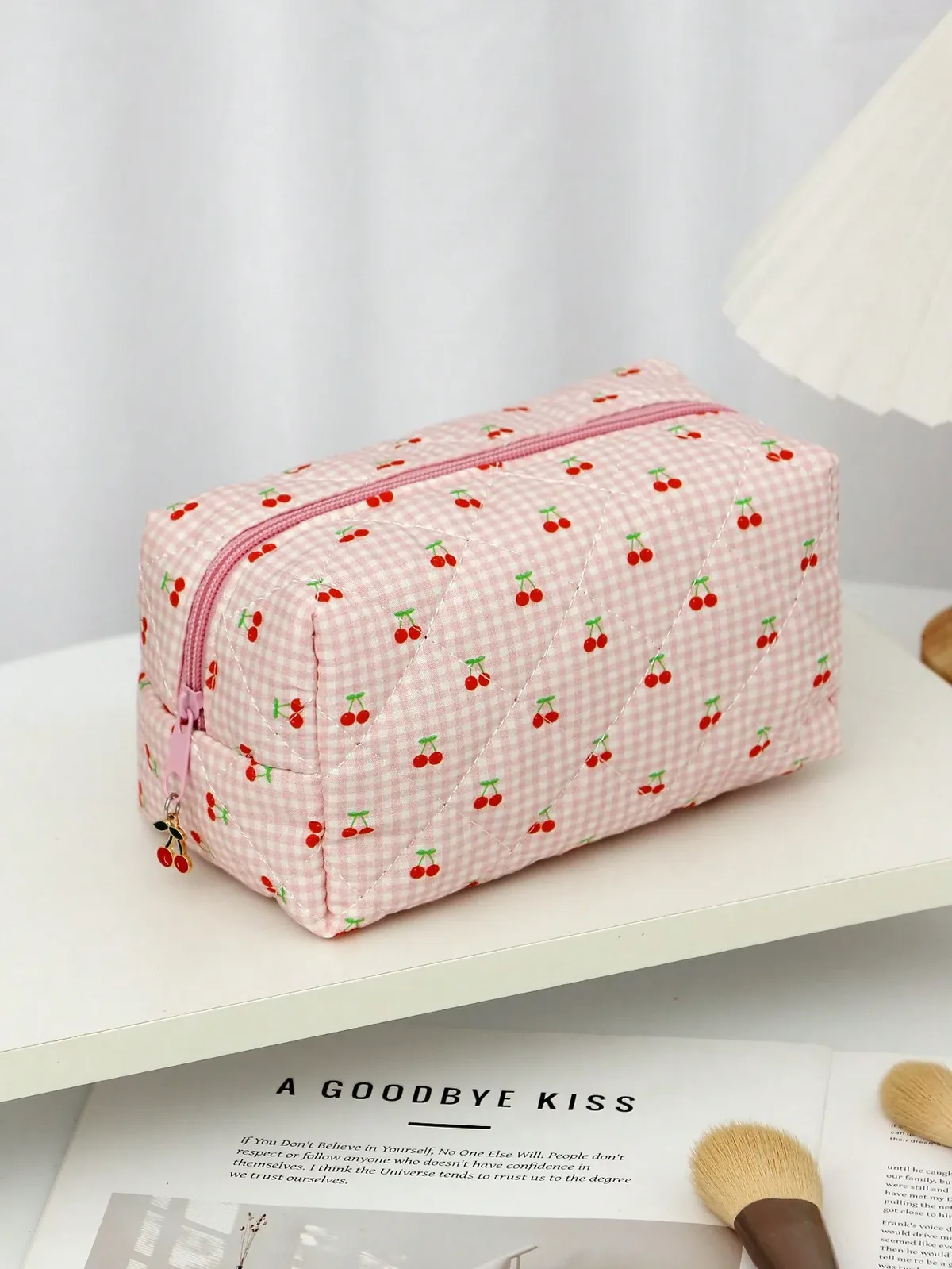 trousse de maquillage avec nœud cerise 1 pièce, trousse de maquillage à la mode et mignonne, sac octogonal de rangement pour pinceaux de maquillage, trousse de maquillage cadeau