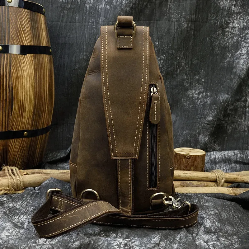 sac à dos en cuir de cheval fou pour hommes, petit sac de poitrine décontracté, sac de voyage vintage en cuir de vache, sac à bandoulière en cuir de vache