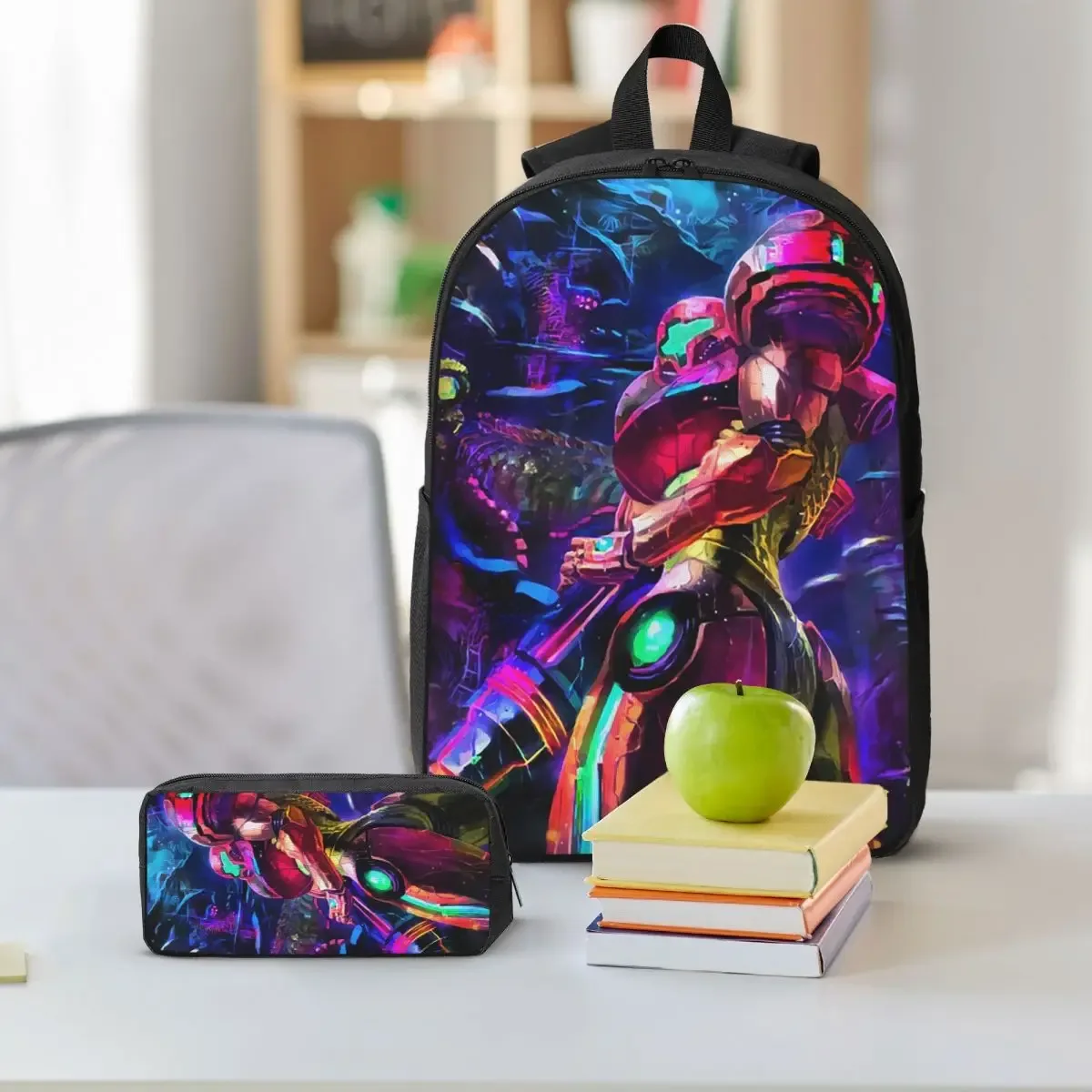 sac à dos samus aran metroid pour étudiants, garçons et filles, sac d'école, sacs à bandoulière pour ordinateur, 3 pièces, sac à déjeuner isotherme, trousse à crayons
