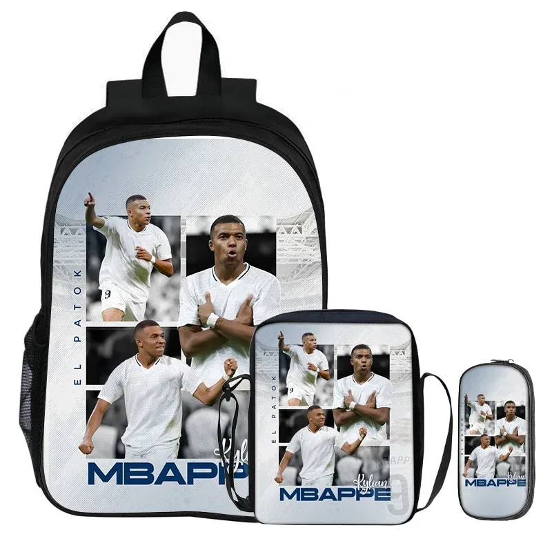 m-mbappe – ensemble de 3 pièces pour enfants, sac à dos pour étudiants, sac à bandoulière pour l'école, sacs à crayons, sac à livres, sac à dos de star du football, meilleur cadeau