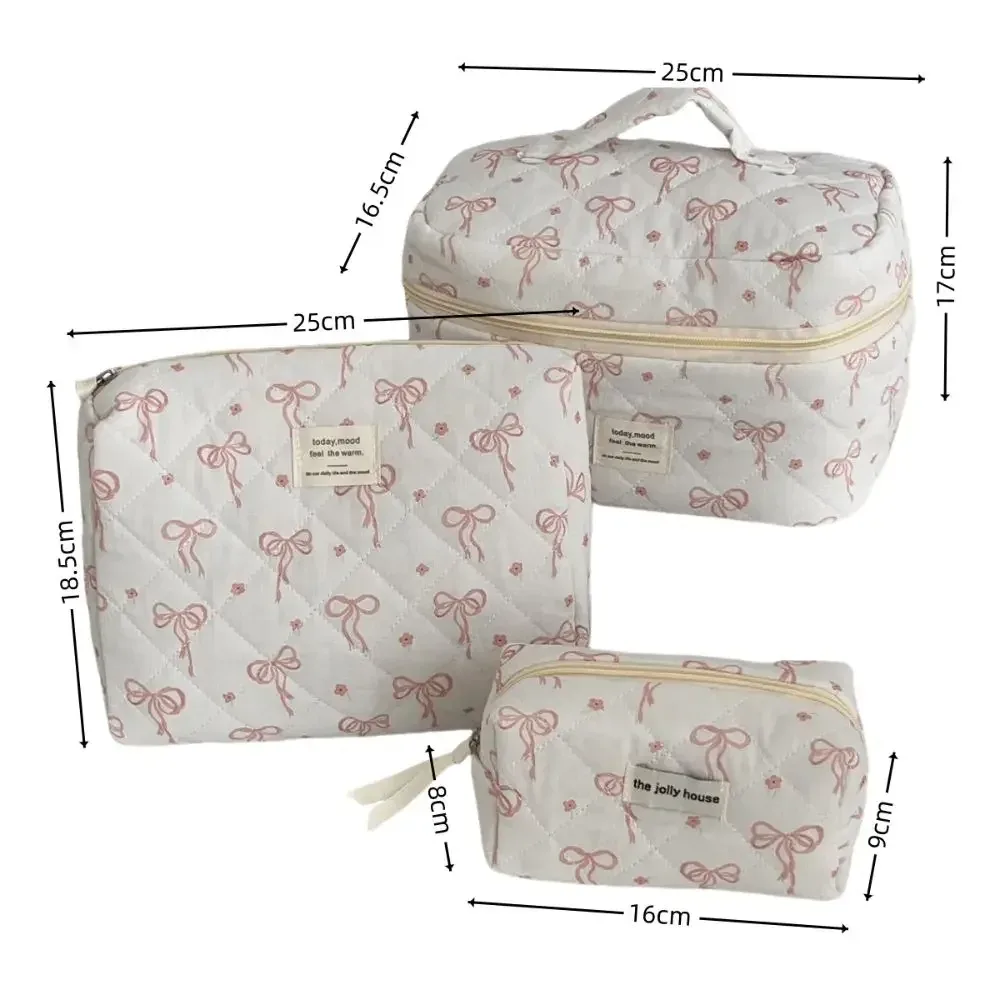 sac à cosmétiques de style coréen, sacs de rangement de voyage à fermeture éclair multi-tailles, sac matelassé de maquillage à carreaux avec nœud rose pour femmes et filles
