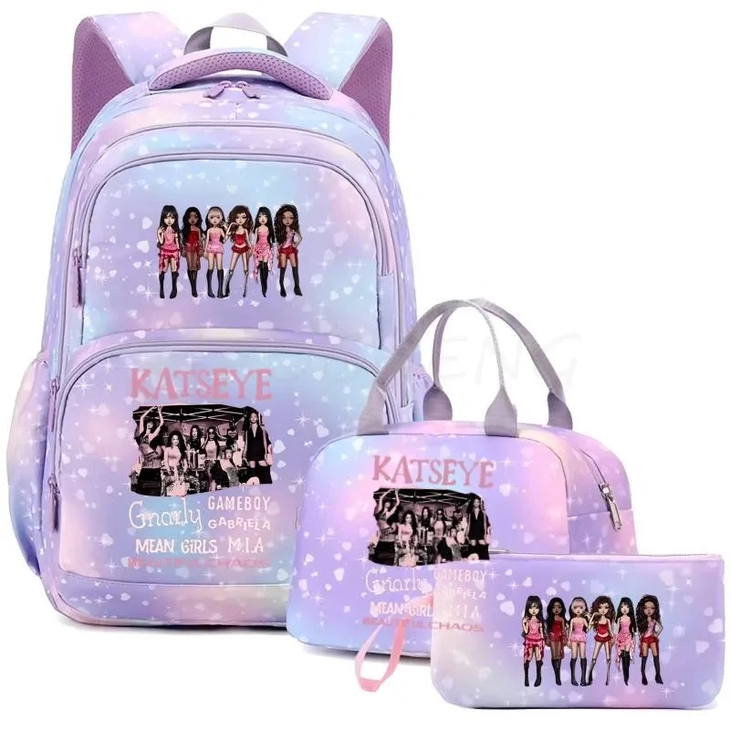 sac à dos katseye pour femmes, 3 pièces/ensemble, sac d'école pour étudiants, grande capacité, sac de voyage en plein air, sac d'école pour étudiants avec dessin animé