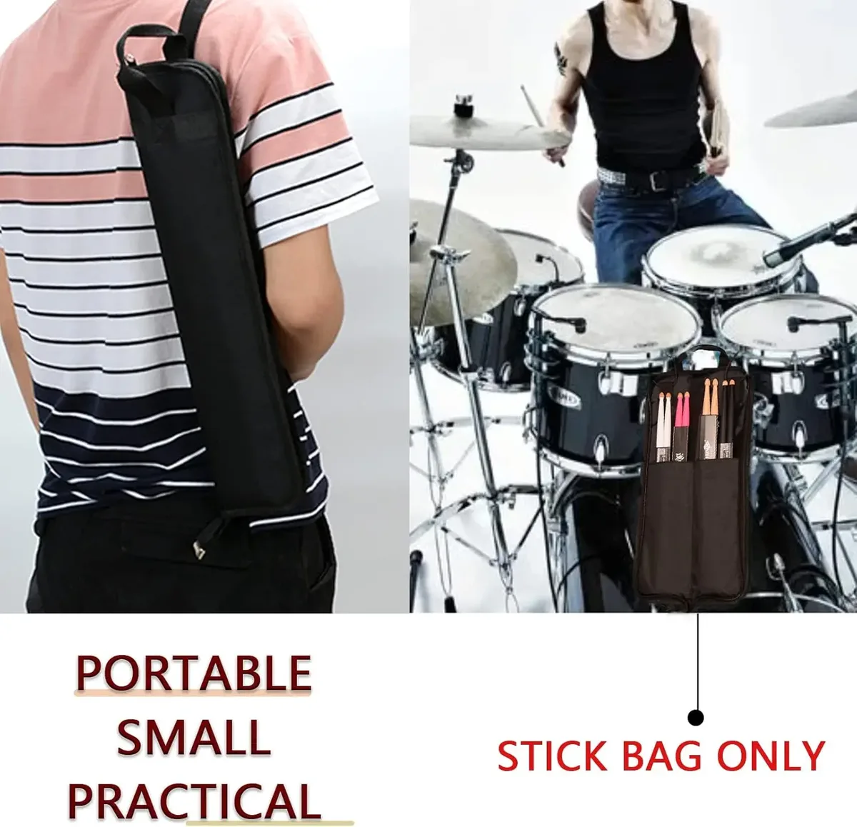 sac de transport pour baguettes de batterie - petite trousse de rangement avec crochets intégrés pour baguettes de batterie et de percussion