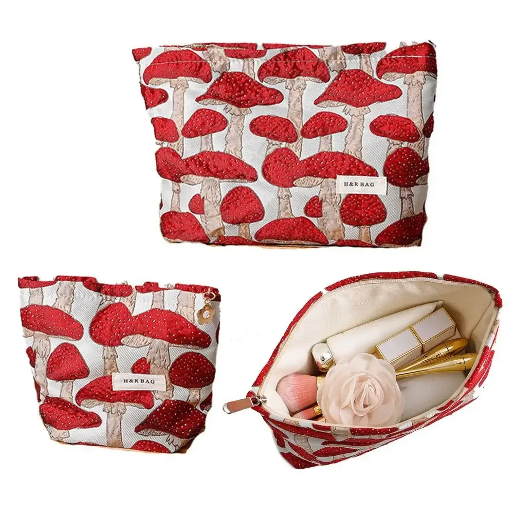 sac de maquillage en toile simple, sac de rangement de lavage imprimé champignon rouge, sac à main portable de taille m/l, rangement de produits de soins de la peau