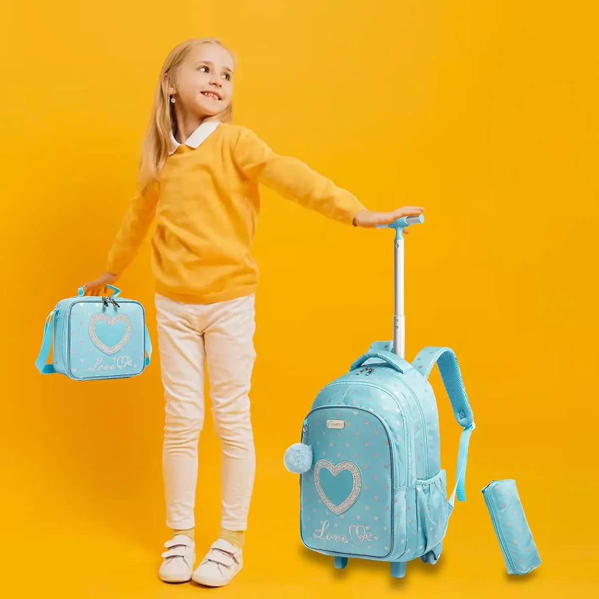 ensemble de sac à dos à roulettes pour enfants avec boîte à lunch, sac à dos scolaire à roulettes, sac à dos trolley pour filles
