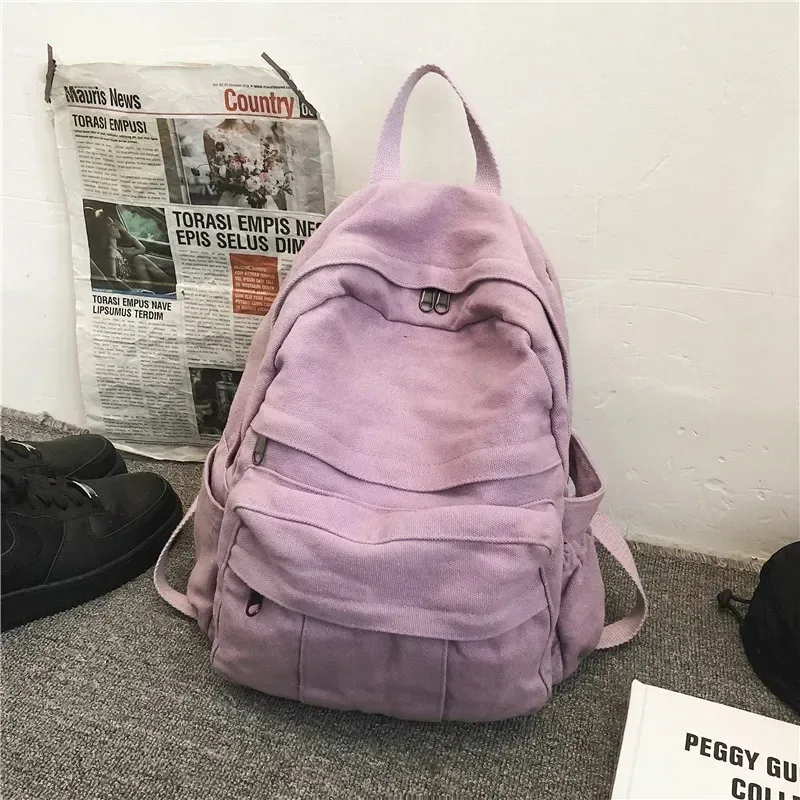 mode couleur unie sac à dos femmes toile sacs d'école pour adolescentes sac à dos de voyage décontracté femme étudiant école sac à dos