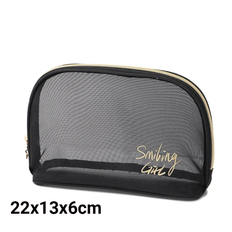 trousse de maquillage en maille noire de grande capacité pour femme, trousse de toilette décontractée à fermeture éclair, sac à cosmétiques de voyage