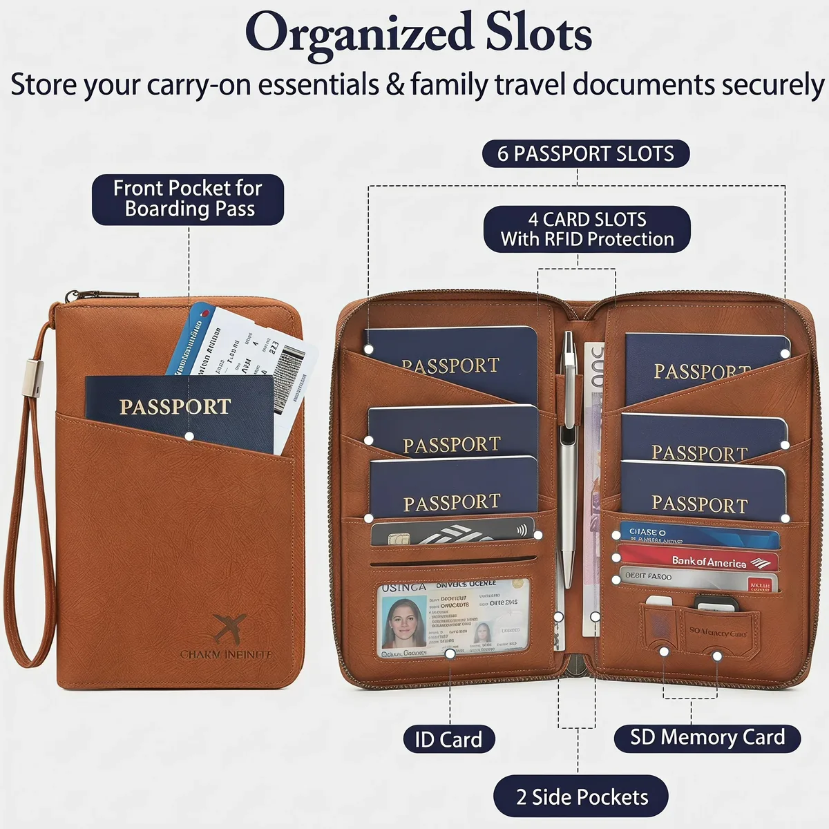portefeuille de voyage multifonctionnel anti-rfid avec fermeture éclair, porte-documents, dragonne et organisateur de cartes et billets pour plusieurs passeports