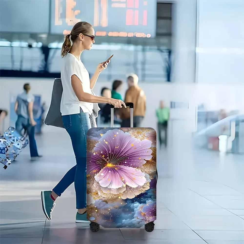 1 housse de valise à imprimé floral violet pour bagages de 18 à 32 pouces ; accessoires de voyage anti-poussière et élastiques pour une protection efficace